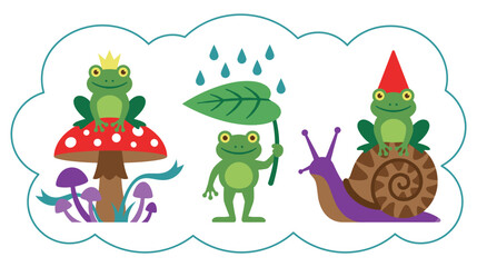 Funny cartoon frogs on mushroom, snail and holding leaf umbrella. © KALPANA AKTER