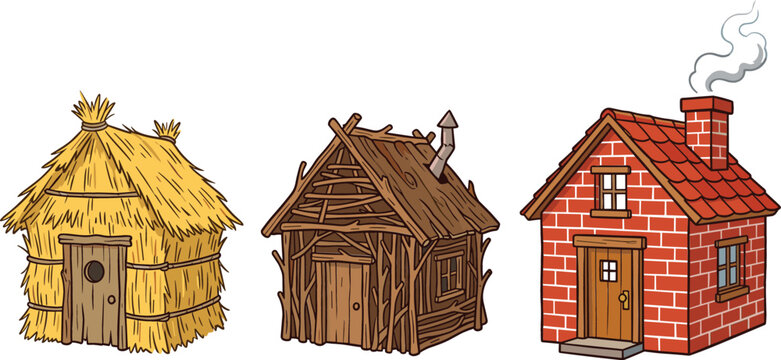 The three little pigs houses vector illustration set featuring straw hut stick cabin and brick cottage isolated on a white background.