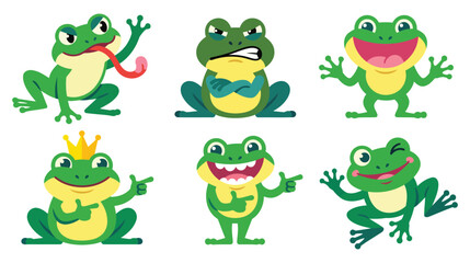 Naklejka premium Set of funny cartoon frog characters with various emotions and poses on white background.
