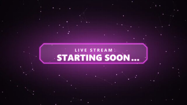 Live stream starting soon neon glowing purple frame with digital grid