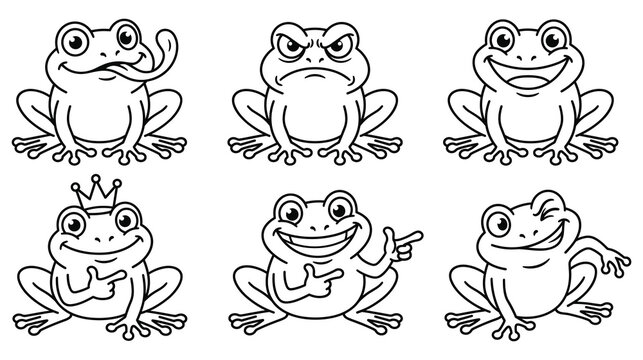 Set of six cartoon frog characters with various funny expressions and poses.