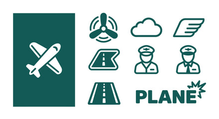 Minimal dark teal aviation icon set featuring a stylized toy airplane, propeller, pilot, wing, cloud, and runway symbols. Professional flat vector clipart for travel and transport. © Latifatul