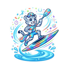 Fototapeta premium Cute cartoon snow leopard mascot kayaking on water for summer sports