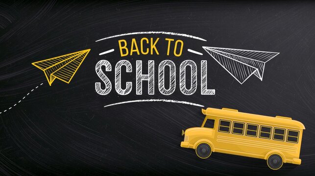 Back to school chalk text with paper airplane and school bus on blackboard, creating education design concept for learning, classroom, student journey, academic season and creative school banner