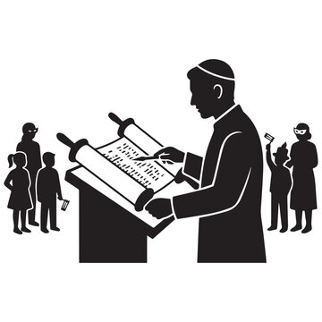 Silhouette of a rabbi reading from a torah scroll during a religious service with congregants