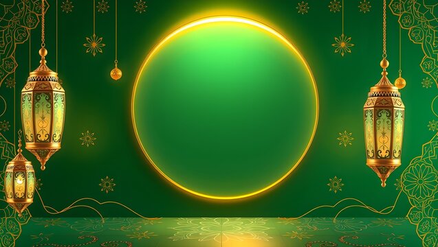 Luxury Eid al - Fitr Background with 3D Glass Crescent Moon and Gold Lanterns
