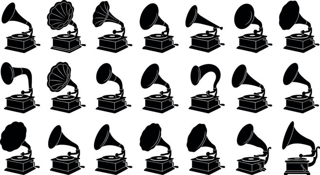 Large collection of black vintage gramophone silhouettes classic retro record players with horns vector icons isolated on white background