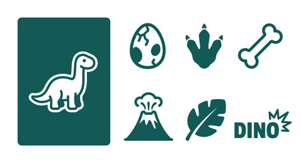 Minimalist Dark Teal Dinosaur Icon Set Featuring Flat Vector Illustrations of Brontosaurus, Prehistoric Egg, Footprint, Fossil Bone, Volcano, Leaf, and Dino Text Graphic. © Latifatul