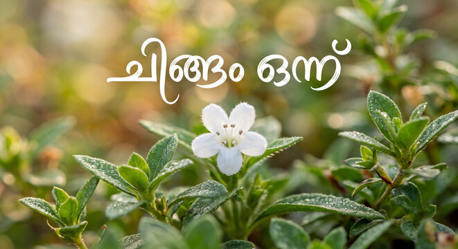Small white flower with dew drops on green leaves featuring Chingam 1 Malayalam typography and golden bokeh background in landscape format