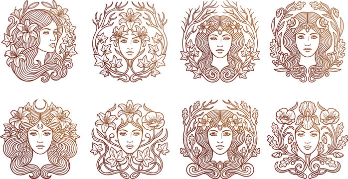 Set of bronze art nouveau goddess portraits ornate celestial woman faces with botanical floral wreaths and mystical frames