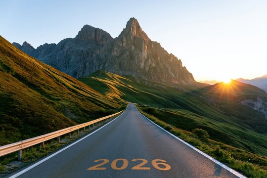 2026 mountain road at sunrise symbolizing a new future goal for the coming year