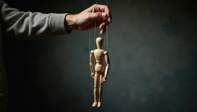 Human hand holds wooden marionette puppet with thin strings against dark background. Person controls small figurine in theatrical performance style. Conceptual image illustrates manipulation