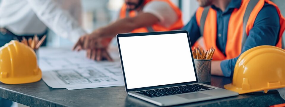 Architect and engineer collaboration on construction project planning with laptop