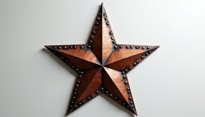 Plakat Rustic copper star decor with antique oxidized texture and metal rivets. Five-pointed shape on clean white background. Perfect for country or western themes, home adornment.