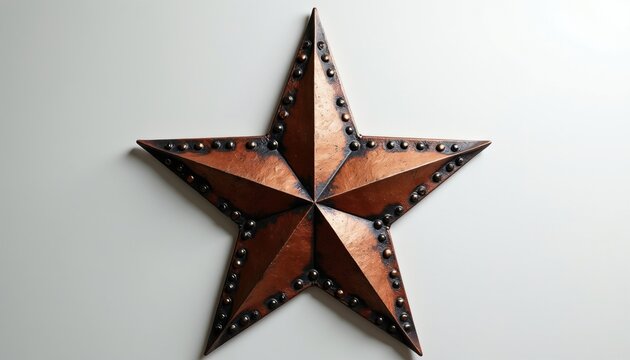 Rustic copper star decor with antique oxidized texture and metal rivets. Five-pointed shape on clean white background. Perfect for country or western themes, home adornment.