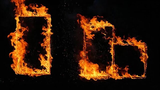 Three rectangular frames are engulfed in bright orange flames against a dark background