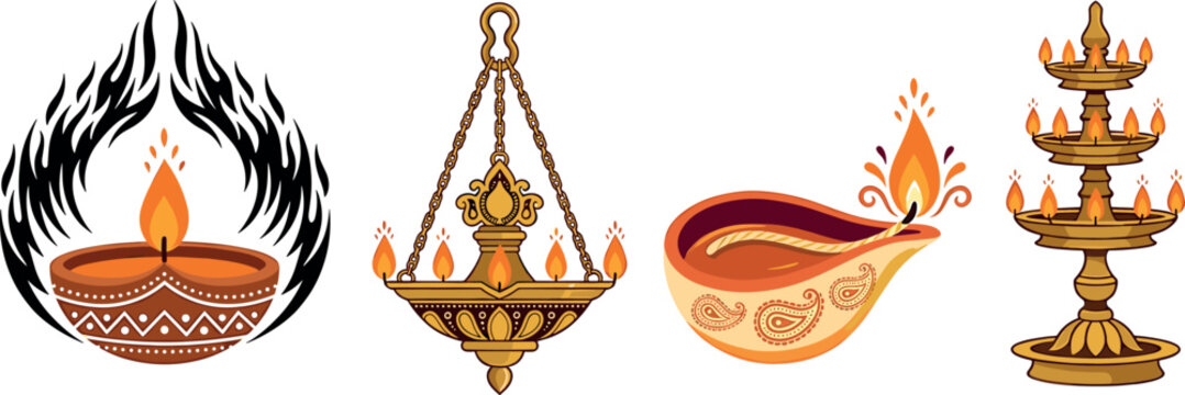 Set of traditional Indian Diwali diya lamps featuring brass oil burners hanging lamps and festive deepavali light ornaments