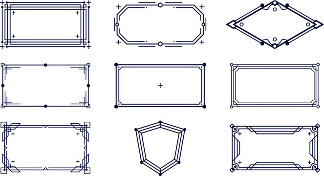 Vintage geometric frame vector set featuring elegant art deco borders labels and dark blue line art tech ornamental dividers.