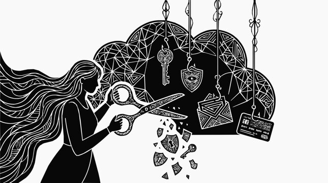 Cyber Security Concept of a Woman with Scissors Ensuring Data Protection and Privacy by Cutting Ties to Cloud Computing to Prevent Identity Theft