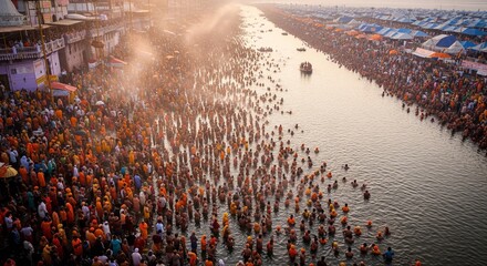 Fototapeta premium Massive crowd gathering by waterfront during vibrant cultural festival celebration
