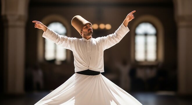 Mystical whirling dervish performing spiritual dance in serene mosque interior