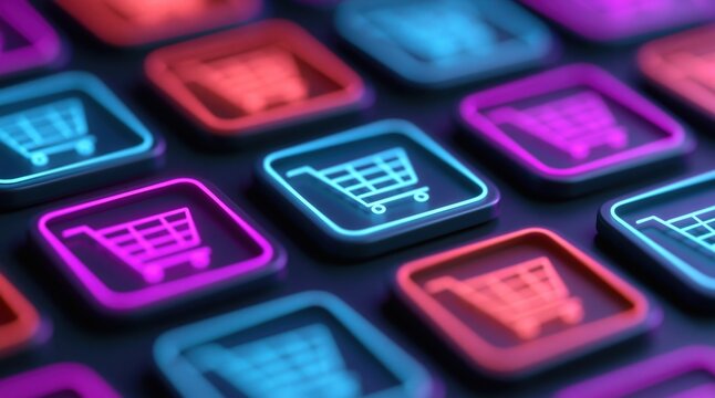 Shopping cart grid pattern with glowing neon lights for digital ecommerce retail