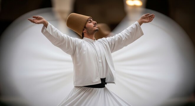 Mystical dervish in flowing white robes performing spiritual dance under soft ambient lighting