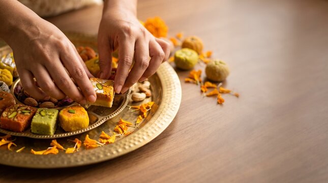 Close-up of hands carefully arranging colorful traditional Indian sweets (mithai) and dried fruits