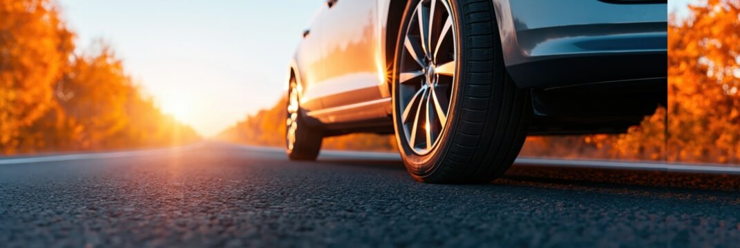 Car driving on road at sunset with autumn trees and a modern automobile vehicle