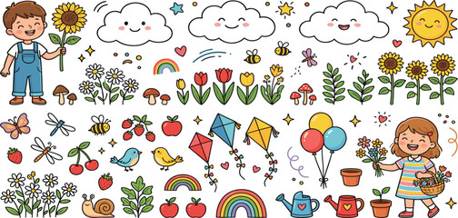 Cute spring summer garden doodle vector illustration set with kids sunflowers and happy elements © MdMejanur