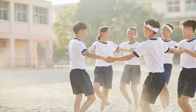 校庭でフォークダンスを楽しむ中学生たち 夏の学校生活
