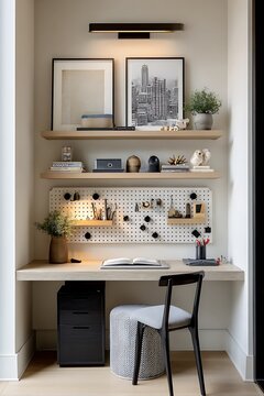 Built in home office desk with pegboard and floating wood shelving.