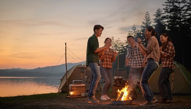 夕暮れの湖畔キャンプで焚き火を囲み笑顔で楽しむ若者グループ