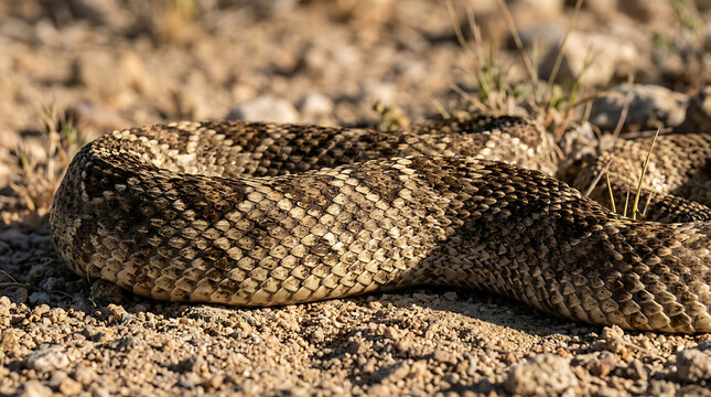 Close-up of coiled diamondback rattlesnake scales and patterned skin on dry, dusty ground, evoking danger and wilderness