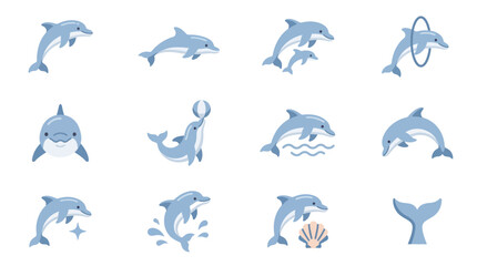 Blue dolphin illustrations in various aquatic poses. © NAFAS KUDA