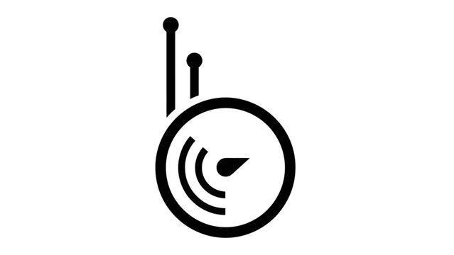 A minimalist black and white icon representing a banjo with a speedometer dial inside, symbolizing music and speed or performance.