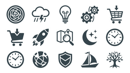 Fototapeta premium Diverse black solid glyph icons for web design.