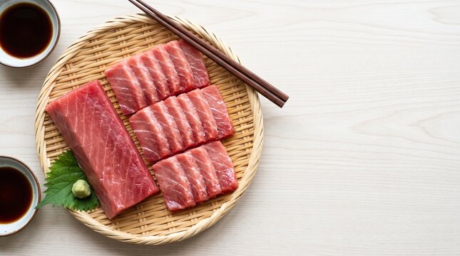 本マグロのハラミ刺身とサクを竹ざるに盛り付けた俯瞰イメージ（白背景・コピースペース