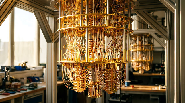 complex golden quantum computer chip intricate wiring and metal structure inside laboratory setting