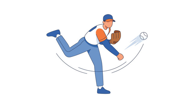 Baseball player pitcher in action throwing a ball during game flat vector illustration design.