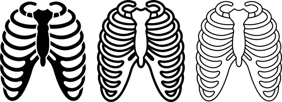 Human Rib Cage Icon Set with Anatomy Bone Structure Elements in Solid Bold and Line Art Styles for Medical Halloween or Graphic Designs