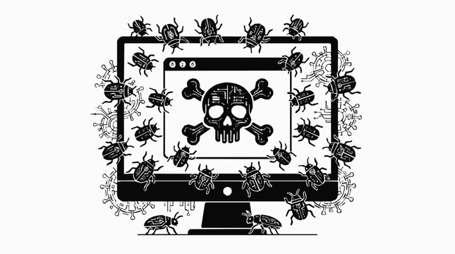 A computer infected by malware with a skull icon on screen surrounded by a bug swarm during a cyber attack breach