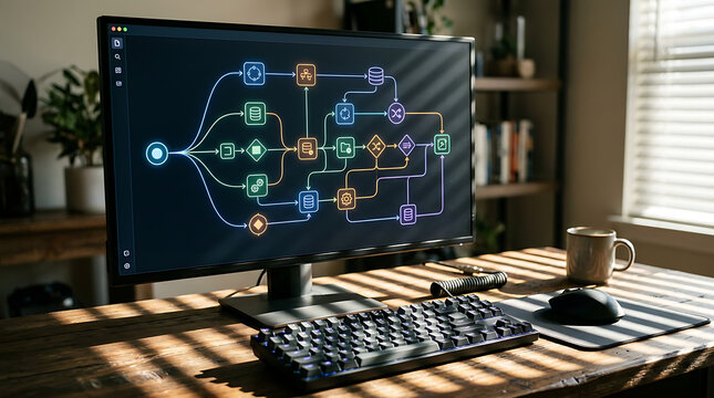 Computer monitor displaying a complex flowchart with colorful icons, on a wooden desk with keyboard and mouse, representing data flow or workflow.