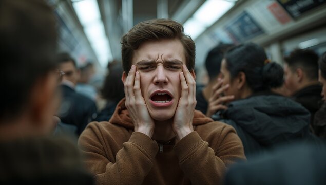 Young man in crowded subway car expresses extreme distress and panic