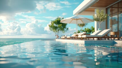 Fototapeta premium Luxury Resort Swimming Pool Featuring Comfortable Sun Loungers Bright Umbrellas and Peaceful Summer Vacation Atmosphere