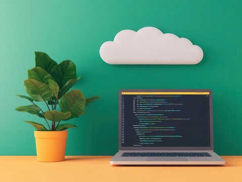 Floating platform showing PaaS cloud concept with development tools and code editor