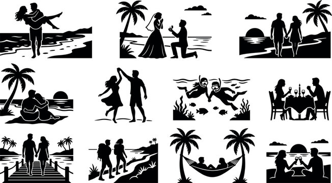 Beach wedding proposal and tropical honeymoon couple silhouette vector collection with snorkeling hiking hammock dinner and seaside activities