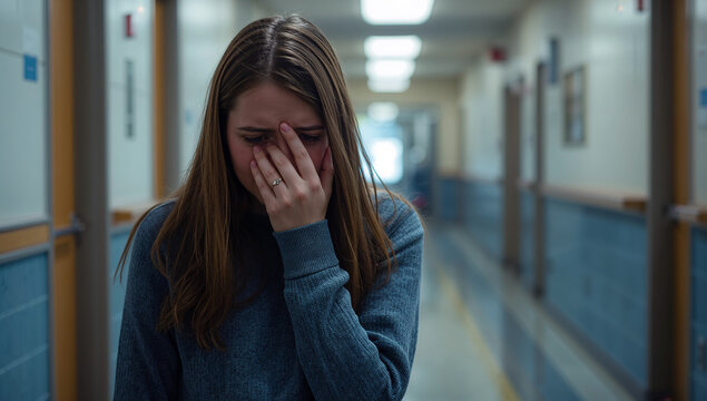 Young woman crying in a school hallway, feeling overwhelmed and distressed