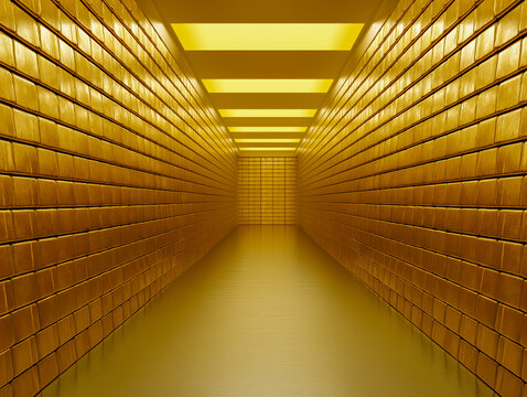 Golden Vault Corridor: An endless corridor lined with gleaming gold bars, illuminated by warm, ambient light, evokes a sense of immense wealth and secure storage.