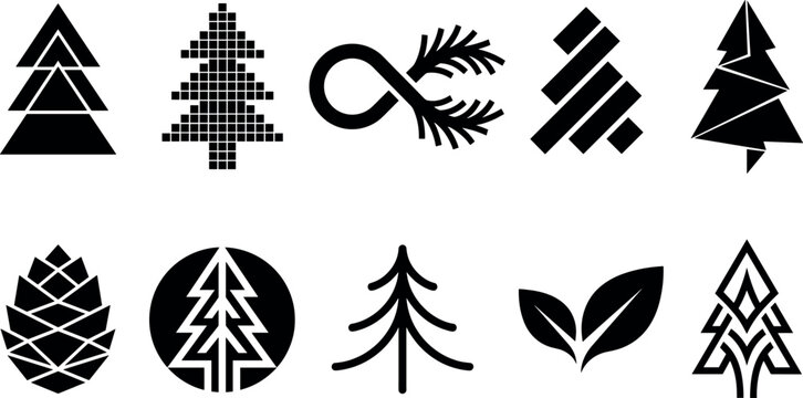 Abstract Christmas pine tree silhouette icons vector bundle featuring geometric origami low poly pixel art infinity loop and winter pinecone elements